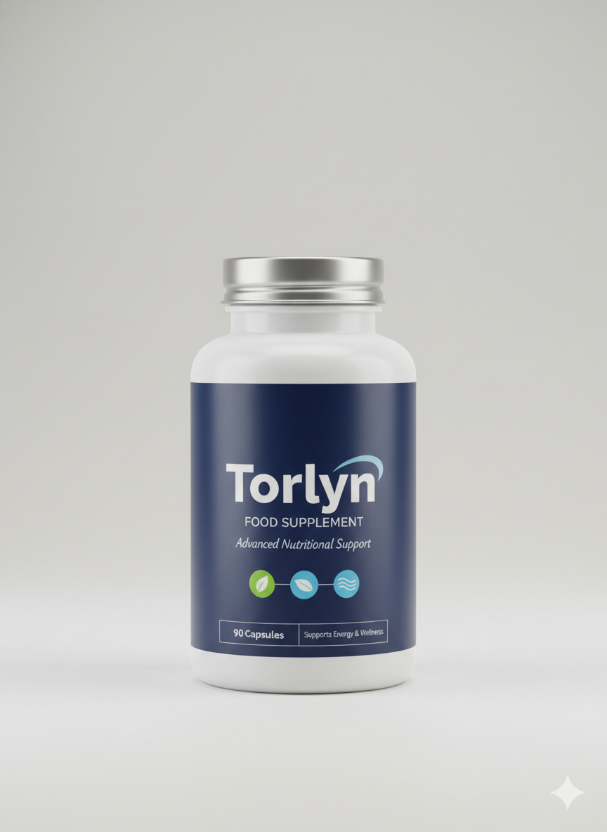 Torlyn food supplement bottle on a neutral surface under even light